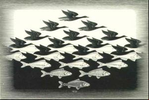 Observe na figura como os patos (ou os espaços entre os patos) se convertem em peixes.